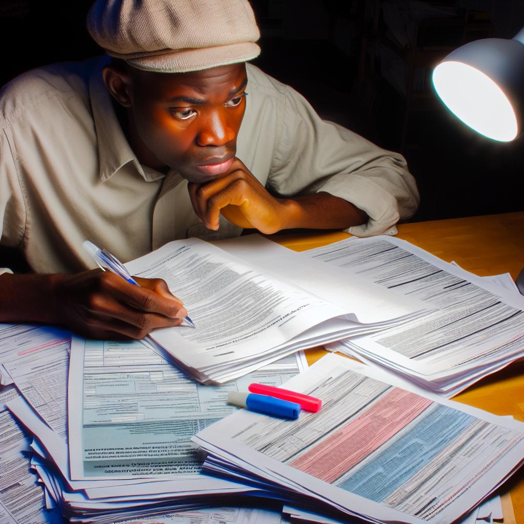 A Haitian national studying a detailed guide on becoming a Lawful Permanent Resident in the U.S., surrounded by immigration forms and documents.