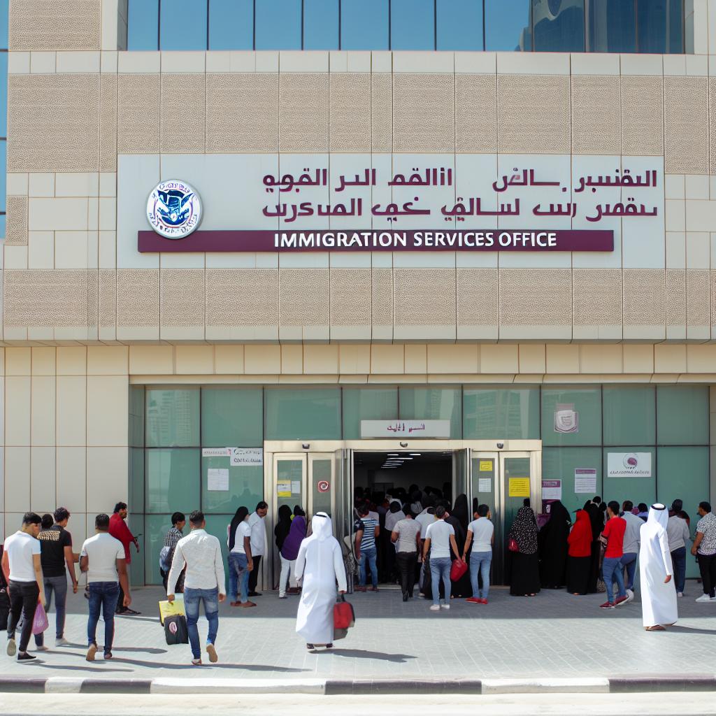 A bustling USCIS office in Qatar and Turkey, with diverse individuals entering and exiting the building. The exterior of the office displays the USCIS logo prominently.