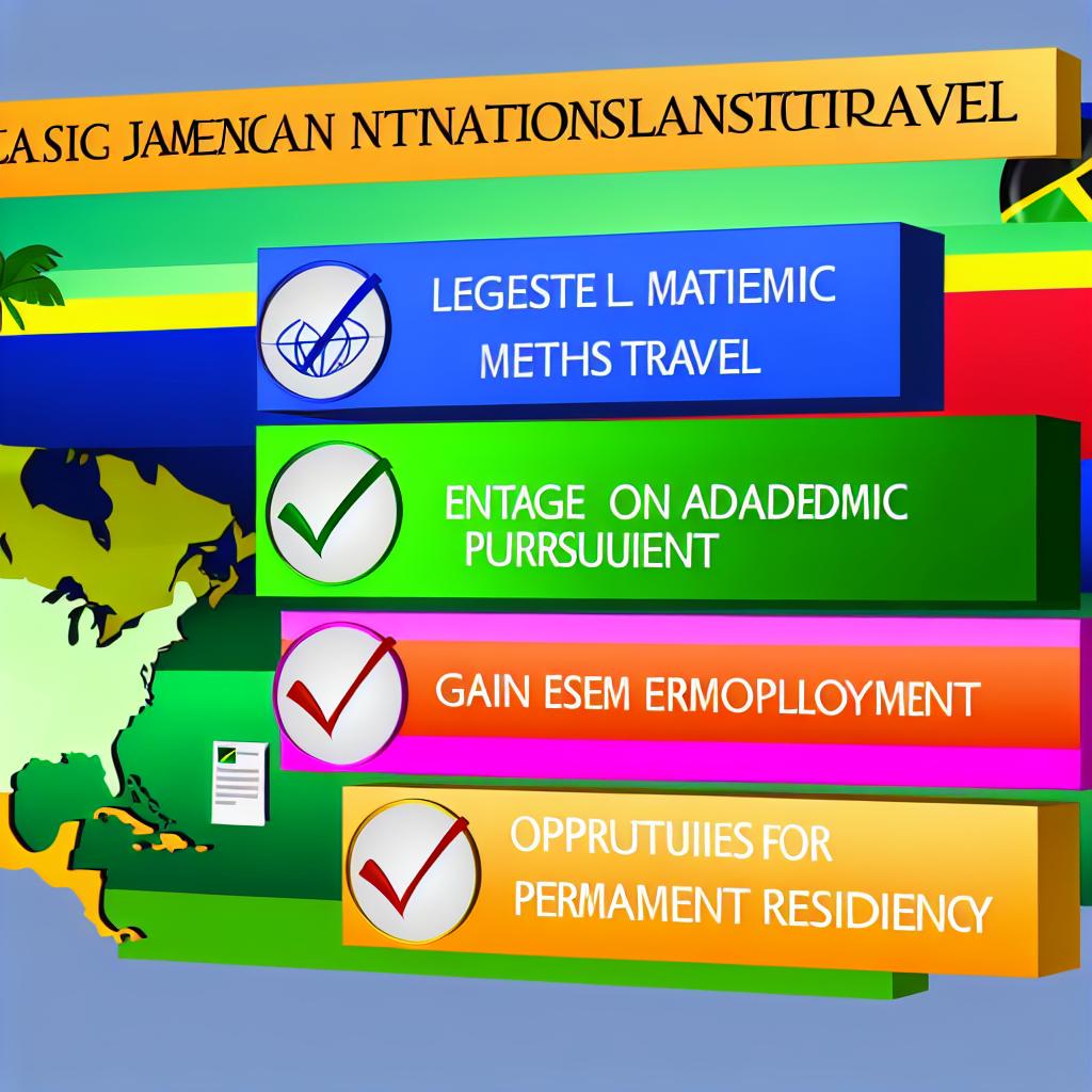 A colorful infographic displaying various legal avenues for Jamaican nationals to visit, study, work, or reside in the United States, including visas and permanent residency options.