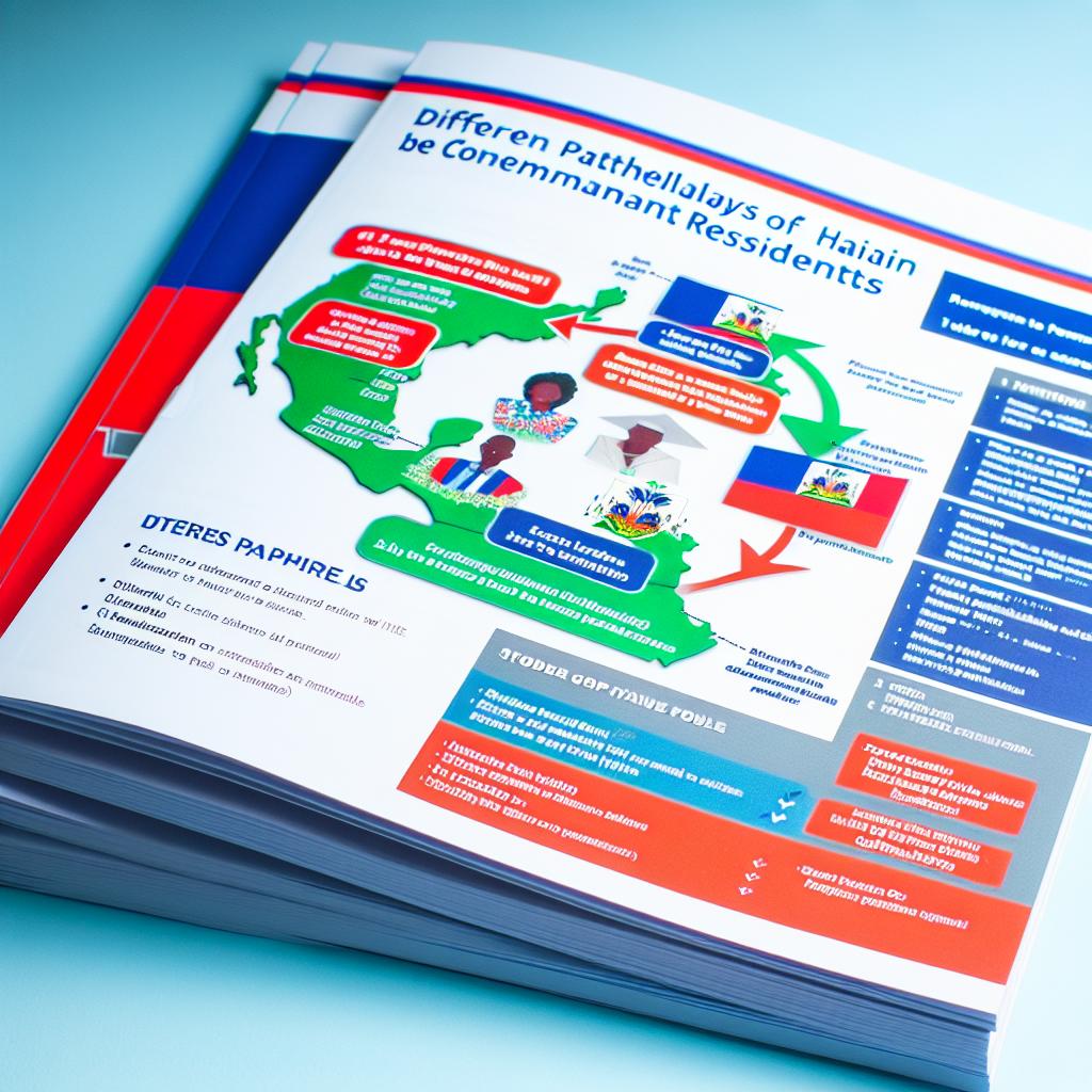 A detailed guidebook with various pathways for Haitian nationals to obtain a Green Card in the United States, including step-by-step procedures and necessary forms.