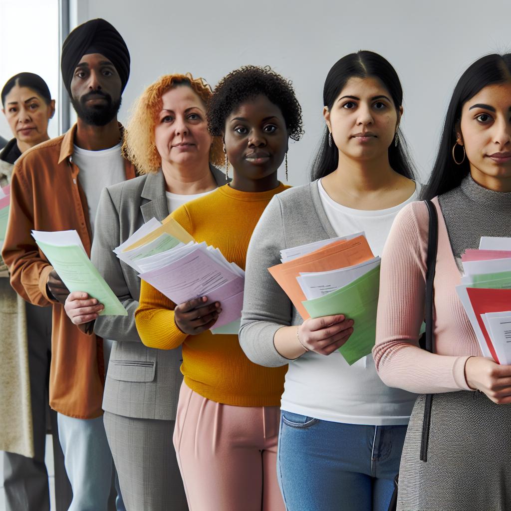 A diverse group of people from around the world standing in line at a USCIS office, holding paperwork and looking determined.