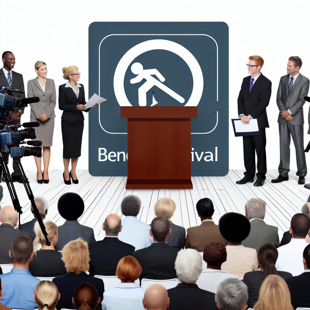 A group of officials standing behind a podium with a large banner displaying the T Visa program logo. The officials are surrounded by cameras and reporters, with a diverse audience of human trafficking victims in the background.