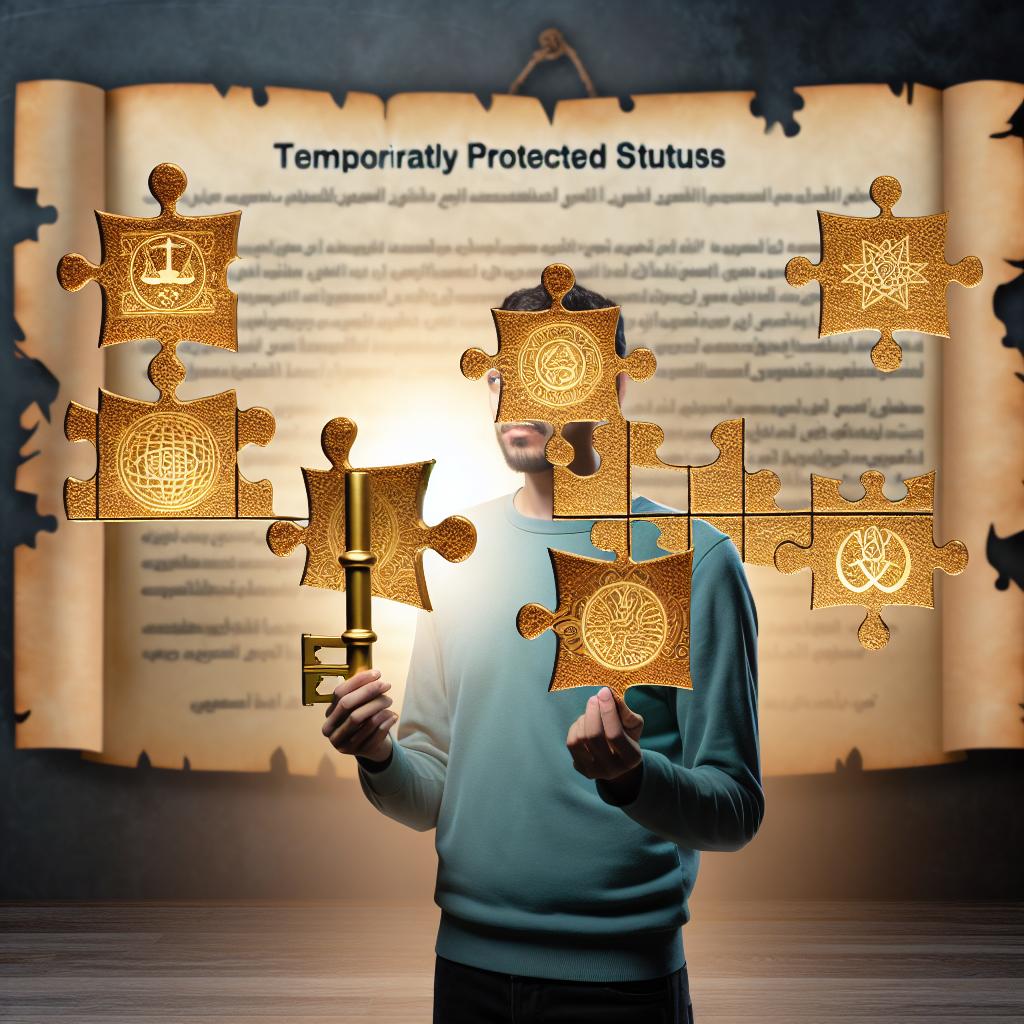 A person holding a large key, surrounded by intricate puzzle pieces representing the complexities of Temporary Protected Status (TPS). In the background, a list of essential criteria for eligibility is displayed.